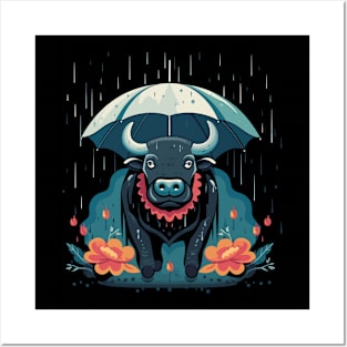 Water Buffalo Rainy Day With Umbrella Posters and Art